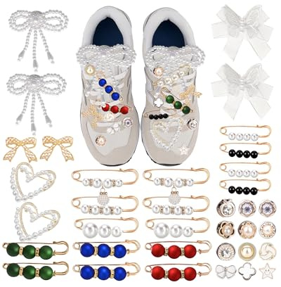 Shoe Charms for Sneakers & Socks – Stylish Pearl & Chains Shoe Accessories Kit with Shoelace, Bows, Clips & Pins – Trendy Shoe & Junk Socks Decorations Sneaker Charms DIY for Women & Girls
