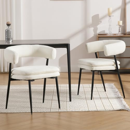 Ya-Home Uppsättning av 2 matstolar i Chenille modern fritid accentstolar med metallben för matsal, vit