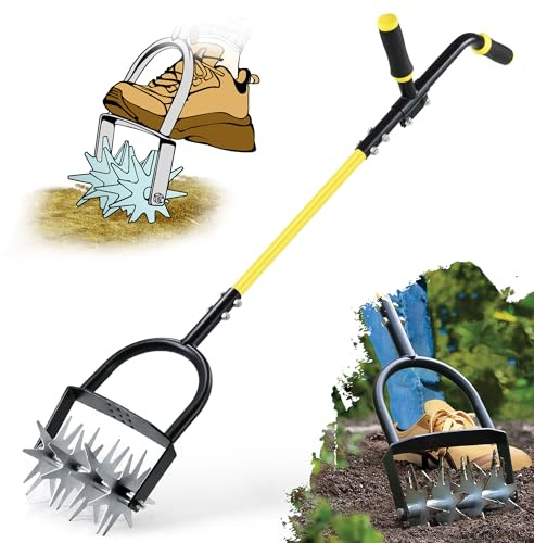 Jardineer Rotary Cultivator for Gardening, Long Handle Garden Cultivator for Soil Mixing, Reseeding, Lawn Aerating, Hand Tiller with Auxiliary Handle Suitable for Women and The Elderly
