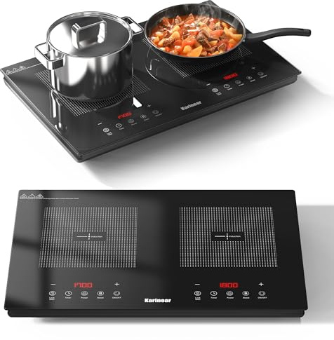Karinear Double Induction Hob, Upgrade Induction Cooker Touch Contol 9 Powe Level, 3500W 4H Timer, Safety Lock (1 Unit) for kitchenette, RVS, Camping