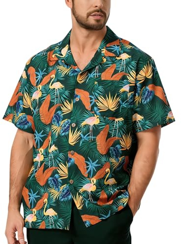 AMZSPORT Camicia Hawaiana Uomo Maniche Corte Estiva Fiori Mare Camicie, Fenicottero Verde Giungla M