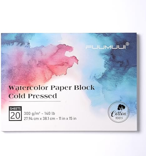 Fuumuui Watercolor Paper Block 11x15 Inch, 100% Cotton, 20 Sheets, Cold Pressed, 300gsm/140lb, Acid-Free, All-Purpose Block for Watercolor & Gouache
