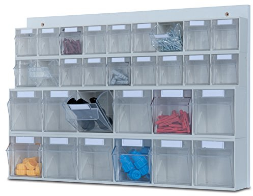 hünersdorff MultiStore Wand-Set: Regalsystem aus Rückwand & 30 Klarsichtbehälter mit Kippschublade (MultiStore Riegel Nr. 6 und 9) aus Polystyrol, Lichtgrau