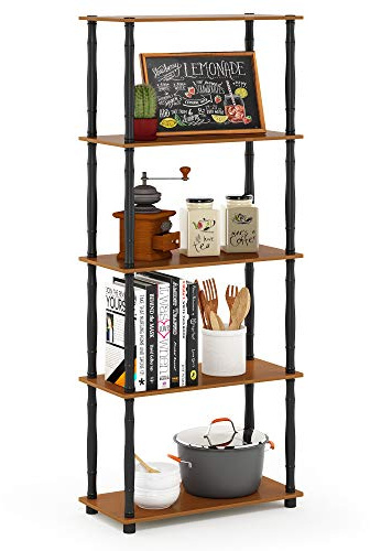 Furinno TURN-S-TUBE Storage Shelves, 5-Tier Book Shelf, Corner Shelf, Toolless Open Shelves, Classic Tubes, for Organization and Storage, Living Room, Garage, Home Office, Light Cherry