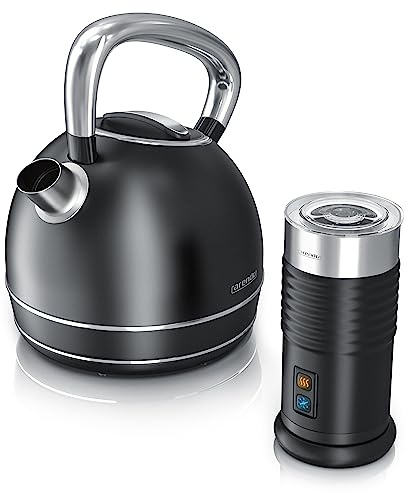 Arendo - Edelstahl 2200W Wasserkocher 1,7 L und elektrischer Milchaufschäumer doppelwandig für warmen und kalten Milchschaum - Schwarz