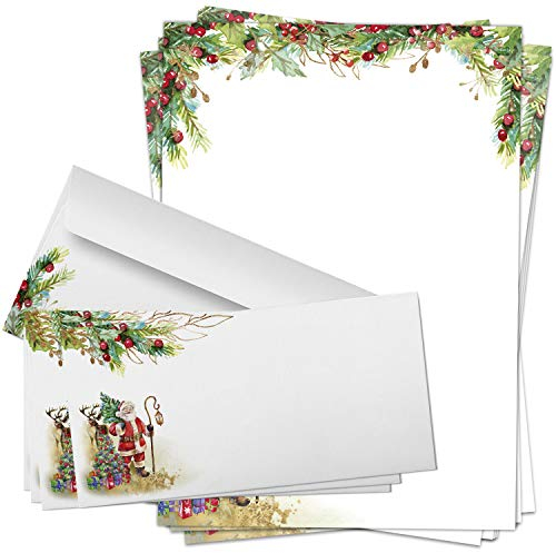 25 x Weihnachtspapier mit Umschlag Set - Motiv Klassisch mit Weihnachtsmann - Papier DIN A4 Weihnachten beidseitig, Kuvert DIN LANG