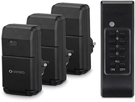 sonero Set de Prises Radio-pilotées: 3X Prise Radio-pilotée et 1x télécommande Radio, 1100 Watts, portée Maxi 30m Remove Previous,Extérieur, étanche aux éclaboussures, IP44, Noir