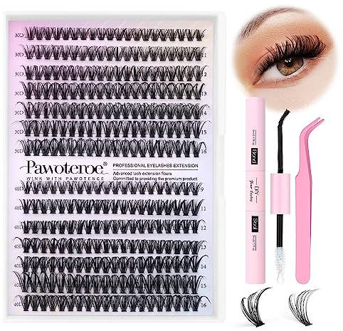 Pawotence Lash Extension Kit DIY 280pcs Lash Clusters Eyelash Extension Kit, 9-16mm 30D 40D Individual Lashes Kit with Lash Bond and Seal, Lash Tweezers for Self Use (30D&40D, 0.07D, 9-16mm, Kit)
