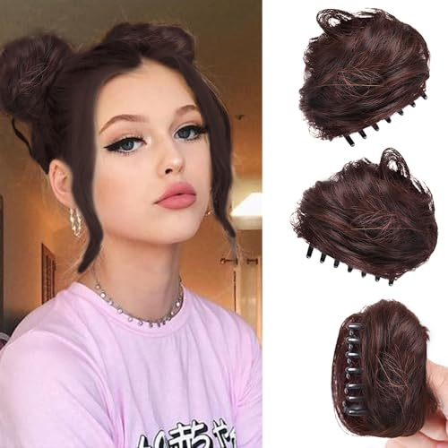 RPAEOY 2 Piezas Moños Postizos de Pelo con Garra Mini Pinza Desordenado Extensión de Moño Sintético Extensiones de Cabello Ondulado para Mujeres (Castaño Oscuro)