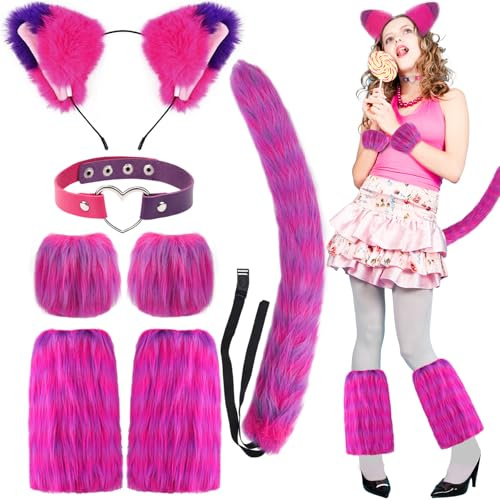 7 PCS Pink and Purple Striped Cat Costume for Girls Women Halloween Cosplay Accessories - Cat Ears Headbands, Furry Tail, Love Heart Choker, Striped Gloves and Leg Warmers for Halloween Dress up