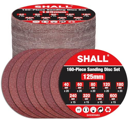 SHALL 160 discos de lijado de 125 mm (gancho y bucle, grano mixto 40/60/80/120/180/240/320/400/600), almohadillas para discos de lijado redondos de 5 pulgadas y 8 orificios