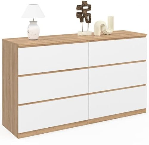 IDMarket - Commode 6 tiroirs TOMI XXL 140 cm Bois façon hêtre et Blanc