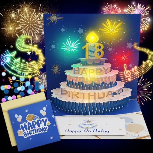 Shinybox Carta 3D Pop-Up Buon Compleanno con Luci e Musica Blowable LED Luce, Biglietti di Compleanno con 2 Modelli Digitali, Design Torta Fuochi d'Artificio per Donne, Uomini, Bambini, Moglie, Mamma