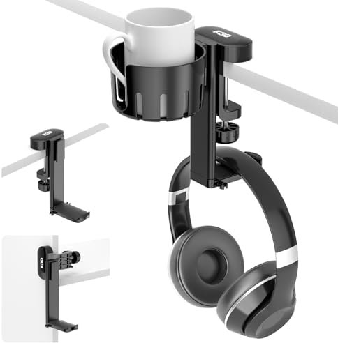 KDD 2 en 1 Soporte Cascos Gaming con Soporte Taza Escritorio - Soporte Auriculares Giratorio con Abrazadera Bajo el Escritorio - Soporte para Tazas de Café, Vasos de Agua, Auriculares(Negro)