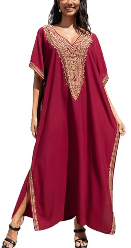 YouKD Blommigt tryckt kaftan för kvinnor, bohemisk blommig kaftan strandöverdrag plus storlek, J Röd, one size
