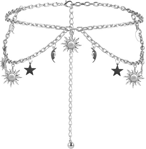 Silberner Gürtel, Silberner Kettengürtel, doppellagiger Damen-Metallkettengürtel, eleganter Kettengürtel mit Sonnen- und Monddekor, verstellbare Taillenkette für Damenkleider, Hosen, Mäntel, Pullover