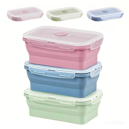 3 Stück Silikon Faltbare Brotdose, 550ml Frischhaltedosen mit Deckel,Bento Box brotbox brotdosen set,Faltbare Frischhaltedosen Behälter für Mikrowelle,Lunchbox jausenbox,meal prep dosen