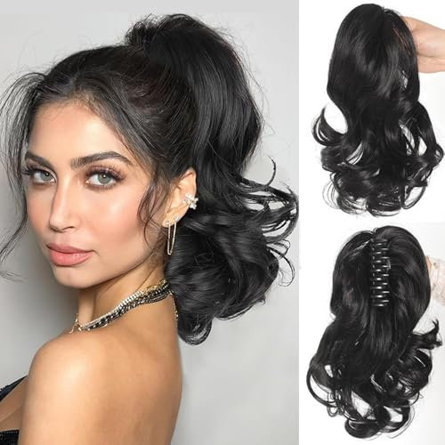 TTPSRY 25 cm Parrucca Donna Coda Capelli Extension con Pinza Ondulati Ricci Coda Finta Capelli Sintetici Posticci per Capelli Coda di Cavallo(Nero)