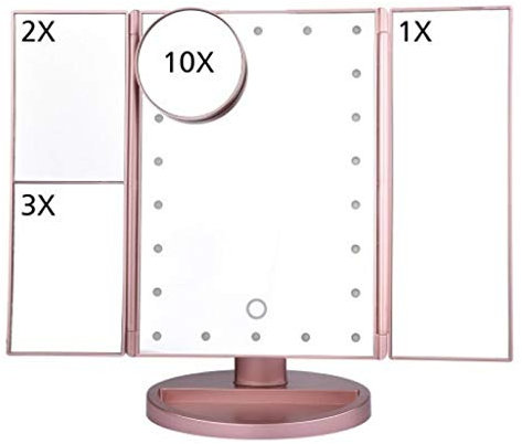 Makeup anity Mirror with 21 LED Lights, Trifold Lighted Makeup Mirror with 1X/2X/3X/10X Magnification and Touch Screen, 180 Degree Rotation, Dual Power Supply Light Up Mirror (Rose Gold) (Rose Gold)