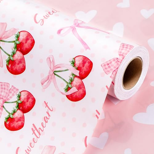Wikadlik Pink Wrapping Paper - 43cm x 10m Mini Roll - Fruit Strawberry Bow and Heart Pattern Reversible Gift Wrap Paper for Baby Girl, Valentines Day, Mothers Day, Wedding, Birthday