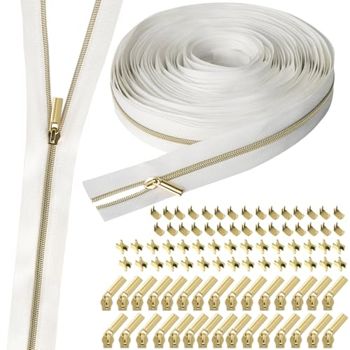 VOKABY 3# 9 M Fermeture Eclair au Metre,Noir,Argent,Or,Blanc | Comprenant 30 Tirettes de Fermeture à Glissière en Métal,60 Boucles d'arrêt Supérieures Inférieures de Fermeture à Glissière