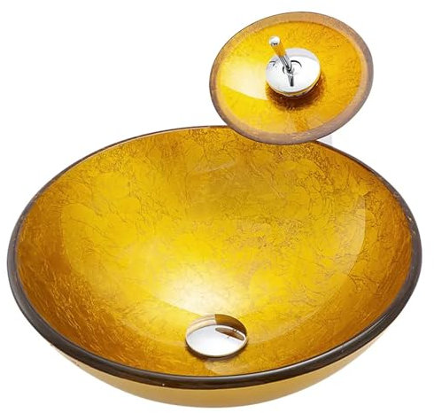 PLMNBQWE Lavabo de baño de 16.5, Lavabo artístico de Vidrio Templado, Lavabo Redondo Amarillo con Grifo Cascada y desagüe automático.