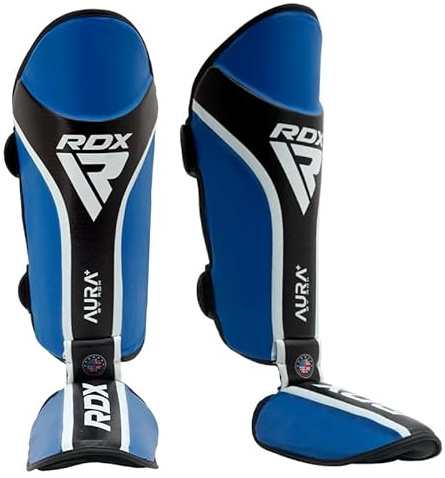 RDX Shin Guards for Kickboxing, MMA, Muay Thai Training, Maya Hide Leather Instep Pads for Sparring, Martial Arts, Gear for BJJ and Boxing (Blue Black, XL)