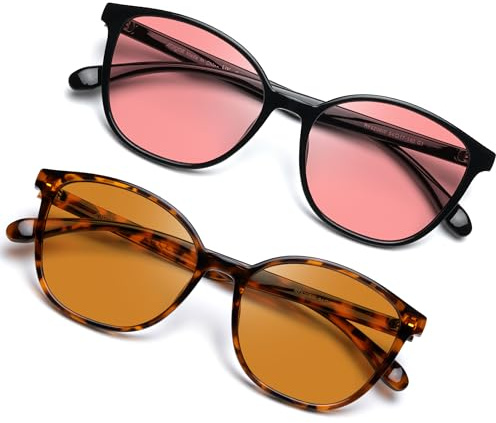 JFXQDR Juego de 2 Gafas Filtro Luz Azul para Mujer - Lentes Interior FL-Rosa y Exterior FL-Marrón, para Migrañas, Sensibilidad Lumínica, Fotofobia, Pantalla LED Fluorescente, Gaming y Ordenador RF6208