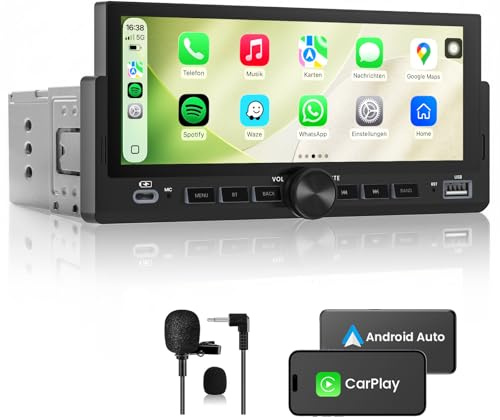 Autoradio 1 DIN mit Wireless CarPlay & Android Auto, Bluetooth Freisprecheinrichtung, FM Radio, Bildschirm, Lenkradsteuerung, MirrorLink, Aux-Eingang, Equalizer (6,86 Zoll)