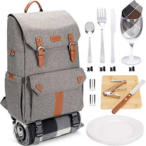 HappyPicnic Isolierter Picknickrucksack mit geräumigem Kühlfach, Flaschenhaltern und großem wasserdichtem Picknick-Teppich (M mit komplettem Geschirrset)