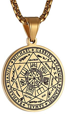 HZMAN Vintage Stainless Steel The Seal of The Seven Archangels Pendant Necklace Jewelry Gift 22+2 Chain (Gold-1)