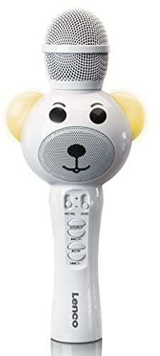 Lenco BMC-060 Karaoke Mikrofon für Kinder - Bluetooth V5.0 - Mit Smartphone-Halterung - 5 Watt RMS - LED Lichteffekte - integrierter Akku mit 1200mAh – Android und iOS - Weiß