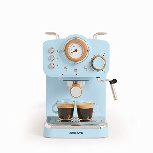 CREATE / THERA RETRO/Halbautomatische Espressomaschine Pastellblau Matt und Holz / 20bar Druckpumpe, 1100W, 1.25L Wasserbehälter, für gemahlenen Kaffee, 55mm ESE-Pads, mit Dampfgarer, 1100W