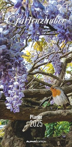 Alpha Edition - Gartenzauber 2025 Streifenplaner, 22x45cm, Kalender mit 3 Spalten für Eintragungen und Notizen, Mondphasen, Monatsübersicht, deutsches Kalendarium