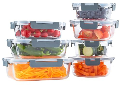 Neo 7 Containers & 7 Snap Locking Lids Glass Food Storage Containers Set Meal Prep Airtight Lunch Box Microwave Oven Freezer and Dishwasher Friendly (7 Piece)