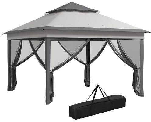 Outsunny Carpa Plegable 3x3x2,7 m Cenador de Jardín con Doble Techo Altura Ajustable 4 Mosquiteras Protección UV30+ Impermeable y Bolsa Gazebo para Exterior Fiestas Camping Gris