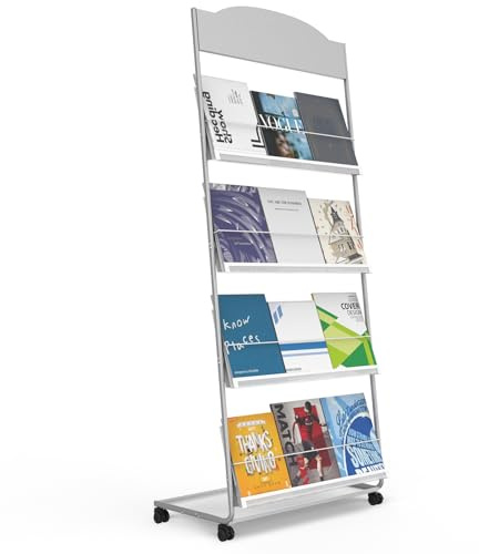 Floor-Standing Magazine Rack 4-Layer with Wheels, Semi-arched top Brochure Display Stand, High-hardness metal for Exhibitions, Office, and Any Organization Requiring Information Display (Arc-Sliver)
