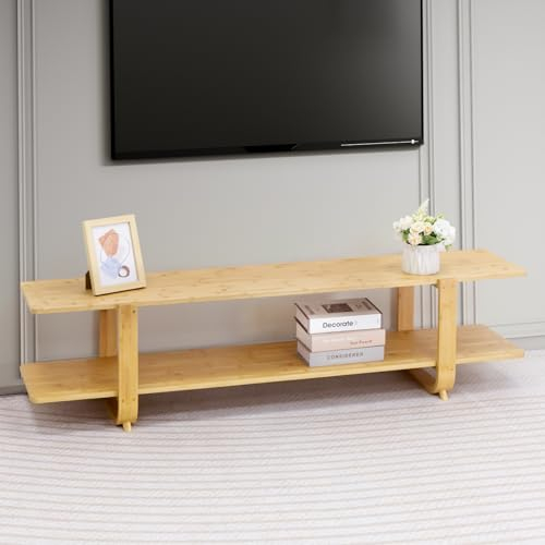 HollyHOME Low TV Table TV Bench 140cm Small TV Cabinet 2-Tier Narrow TV Stand Cabinet Bamboo TV Unit for Living Room Bedroom, Natural