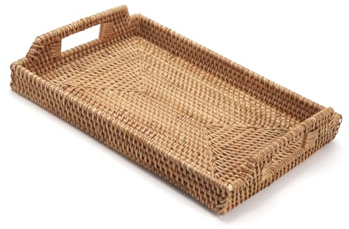 Vassoio Rettangolare in Rattan, Vassoio per Servire in Vimini con Maniglie, Vassoio Decorativo Intrecciato per Tavolino da Caffè (37 x 26 x 3.5 cm)