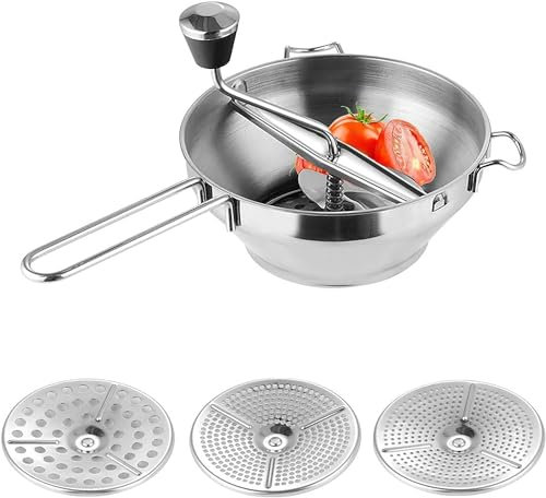 Miawtro Food Mill Hand Crank with 3 Sieve Inserts Stainless Steel Strainer Rotary Hand Grinder, Rotary Potato Mill for Baby Food, Mashed Potatoes, Tomato Sauce Maker Kitchen Gadgets