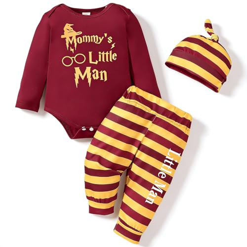 Completo Neonato Maschio Personalizzato: Body + Pantaloni a Righe + Cappello - Vestito Harry, Regalo, Abito Battesimo, Abbigliamento 0-6 Mesi Rosso
