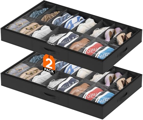 Lifewit Under Bed Shoe Storage Organizer 2 Pack(16 Pairs), 4.3 Tall Fabric Shoes Container Box, Foldable Closet Shoe Bag with 2 Reinforced Handles and Clear Cover, Black