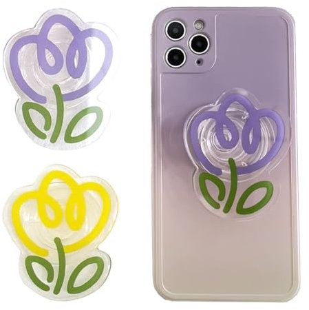 2 Pcs Flower Grip Stand - Cute Flower 2D Cell Phone Holder - Collapsible Expandable Accessory for Smart Phone Tablet，Swappable Top Stand and Grip for Smartphones and Tablets (Purple&Yellow)