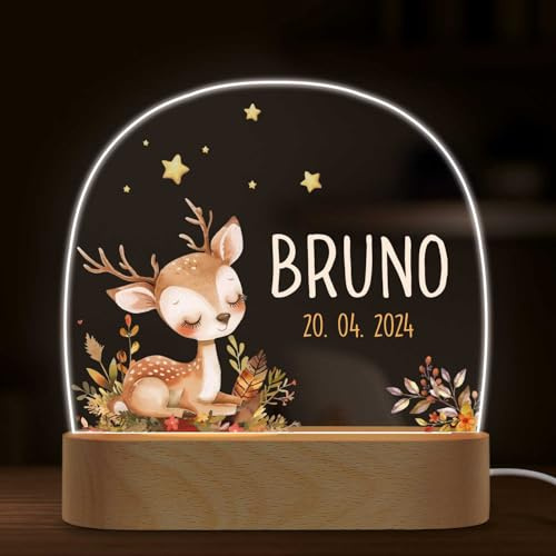 GRAVURZEILE Personalisiertes Nachtlicht für Kinder - Waldtiere Reh - Personalisiert mit Name - LED Nachttischlampe für Kinderzimmer - Geschenk zur Geburt, Taufe & Geburtstag für Jungen & Mädchen