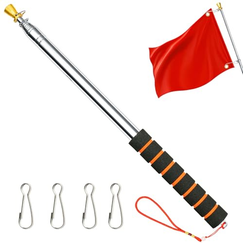 APXEL Asta Bandiera Telescopica, 3m Asta Bandiera Portatile in Acciaio Inossidabile, Manuale Porta con Impugnatura Antiscivolo, con 4 Ganci per Guide Turistiche, Campeggio, Insegnanti(Arancione)