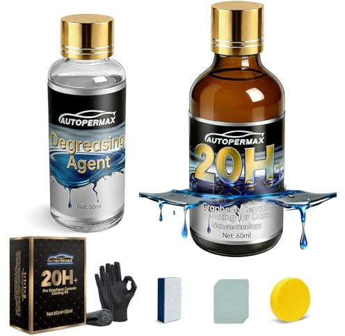 Graphene Ceramic Coating for Cars(60ml)，20H Nano Ceramic Coating Kit Reduce Cleaning Frequency by 60%, Hydrophobic, Scratch & UV Resistant, High Gloss Finish (Including 50ml Degreasing Agent)