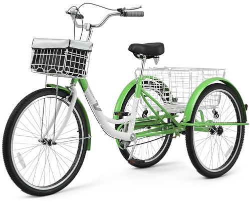 VIRIBUS Adult Tricycle, Single Speed Tricycle for Adults with Front & Rear Detachable Wheeled Baskets, 3 Wheel Bikes for Adults Women Men Seniors 1 Speed, 400 lb. Capacity Three Wheeler, 26 inch Sage