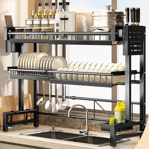 Liwankaqi 2 Tier Over Sink Dish Drying Rack Adjustable 62-100cm(24.4-39.4) Kitchen Counter Organiser with Utensil Sponge Holders Carbon Steel Rustproof for UK Kitchen