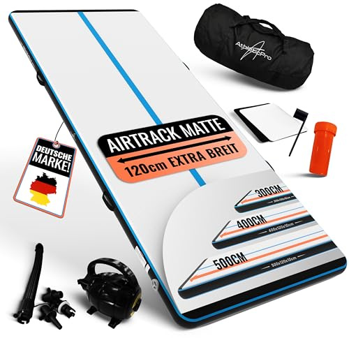 AthleticPro Airtrack-matta [3 m/4 m lång] – 120 cm extra bred – 10/20 cm höjd – uppblåsbar gymnastikmatta för golvgymnastik och akrobatik inkl. elektrisk pump, reparationssats och väska (400 x 120 x