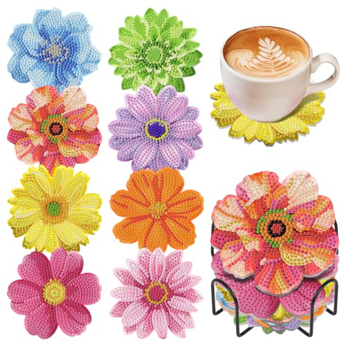 8 Pcs Flower Diamond Art Coasters Kit with Holder and Cork Backing | 5D Diamond Painting Coasters for Adults, Floral DIY Gem Art Kit for Relaxation, Non-Slip Coasters for Home Decor & Gifts